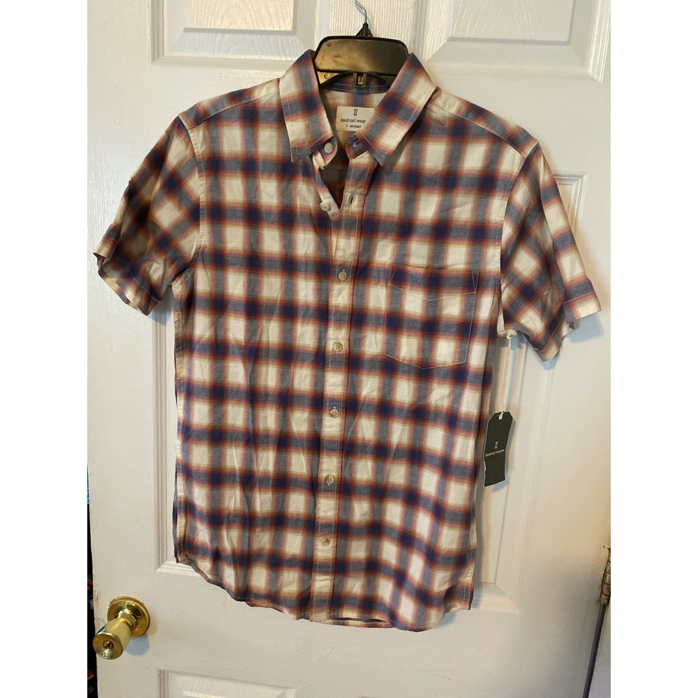 Mutual Weave Mens Small Plaid Short Sleeve Button Down Shirt Denim Ivory NWT